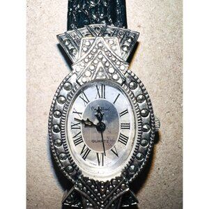 Vintage Pierre Nicol Black Leather Quartz Watch Ornate Silver-Tone Face Roman Nu